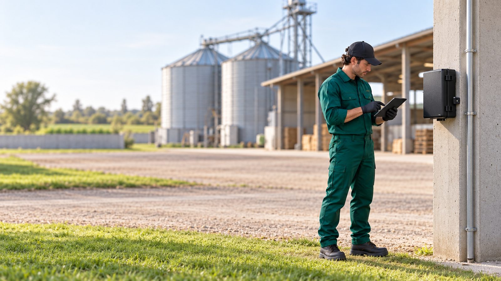 Tecnico che annota i controlli accanto a una postazione di monitoraggio in un’azienda agricola