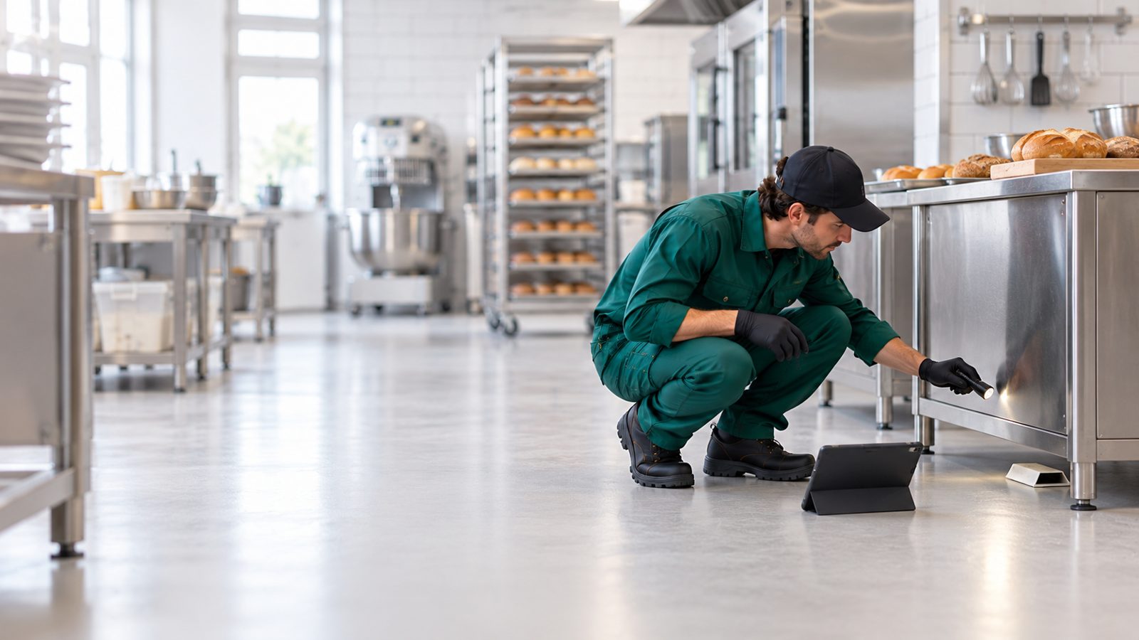 Tecnico che ispeziona la base di un banco in un laboratorio di panificazione