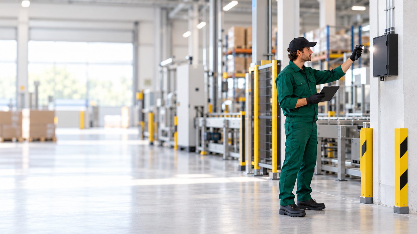 Tecnico che controlla una postazione di monitoraggio in un capannone industriale