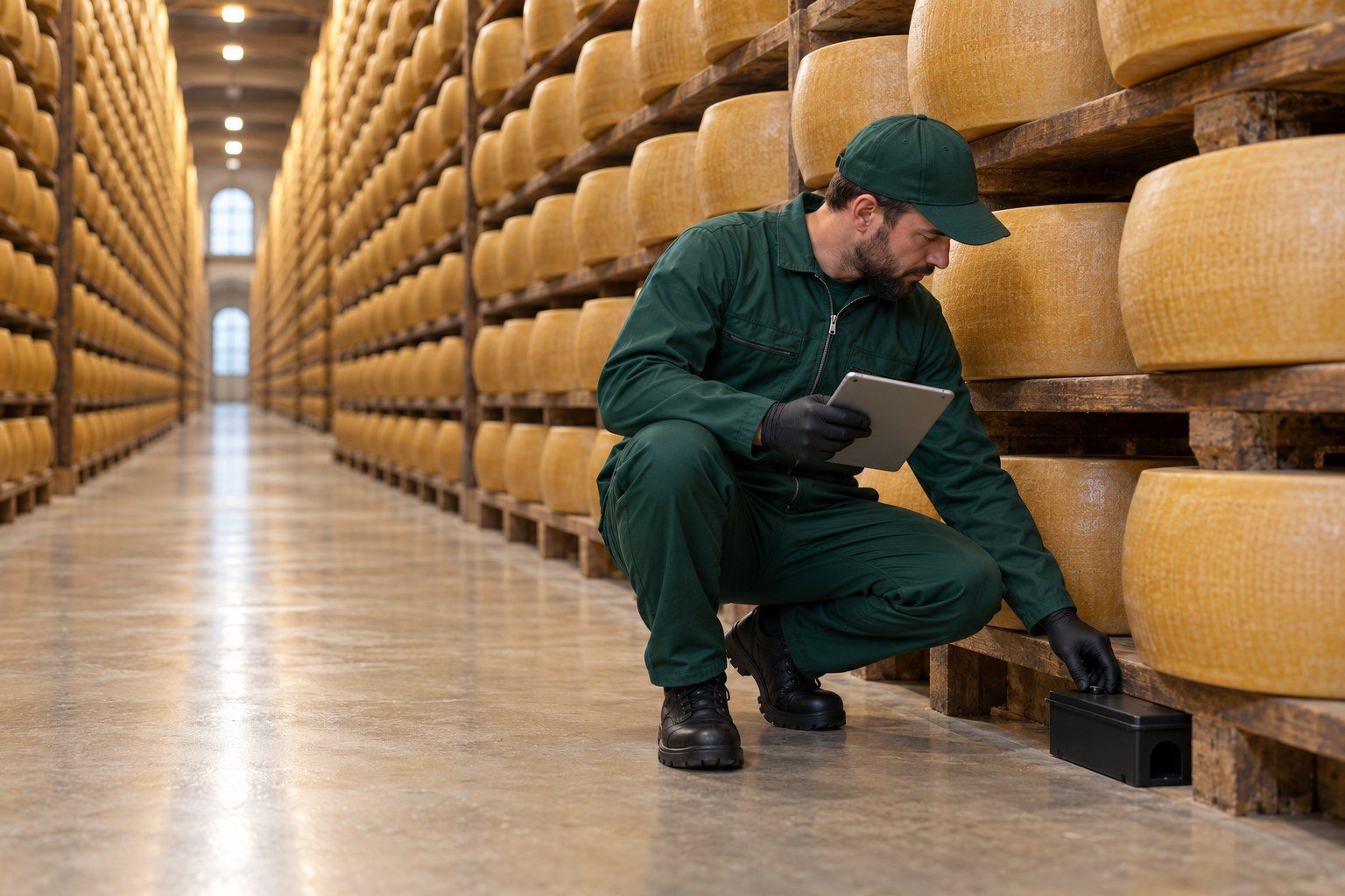 Tecnico EcoSanitech controlla una postazione di monitoraggio tra le scalere di un magazzino di stagionatura del Parmigiano Reggiano