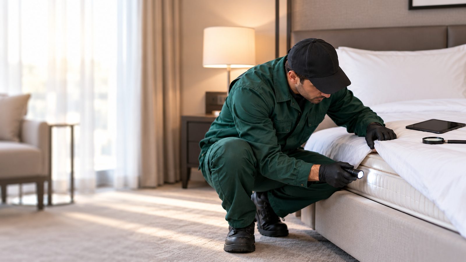 Tecnico che ispeziona un materasso in una camera d'albergo