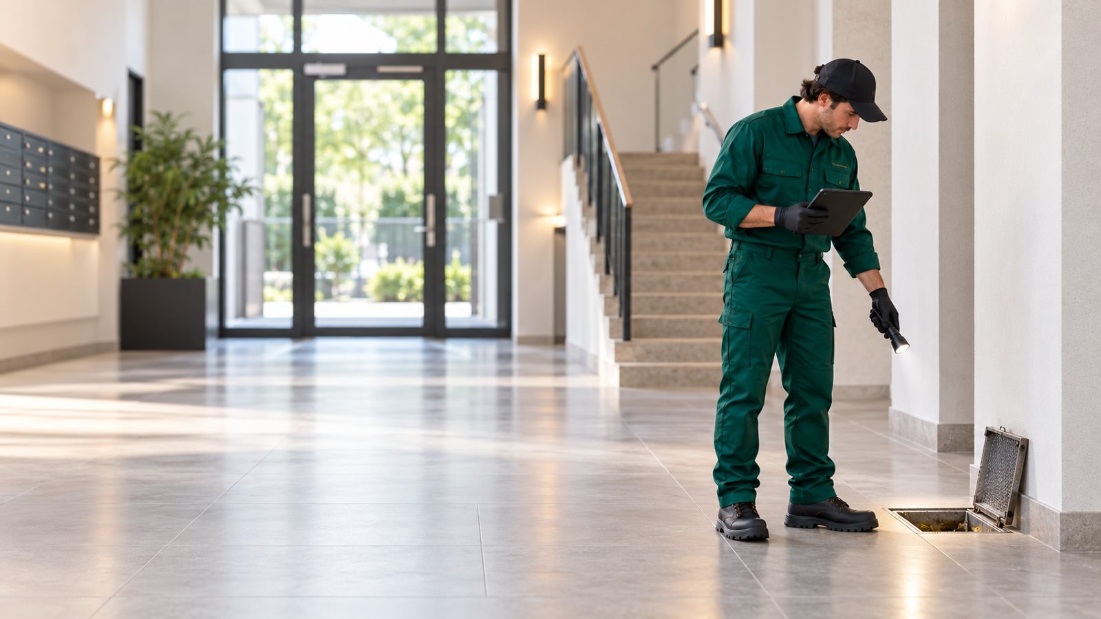 Tecnico che controlla un tombino nell’androne di un condominio