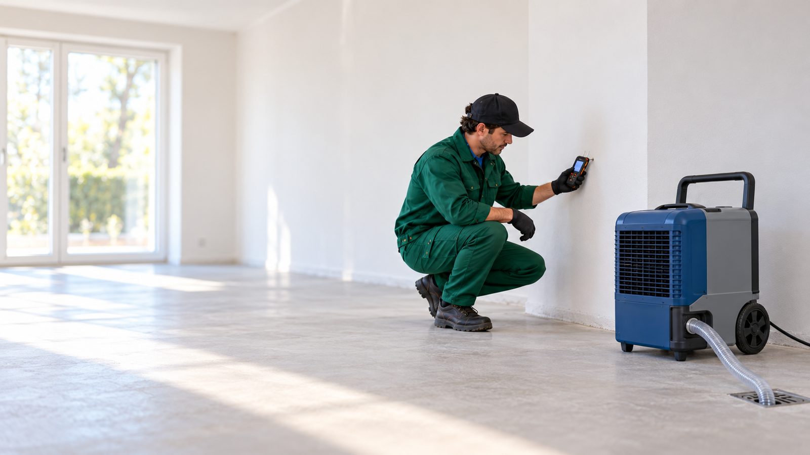 Tecnico che misura l'umidità di una parete con un deumidificatore professionale in funzione