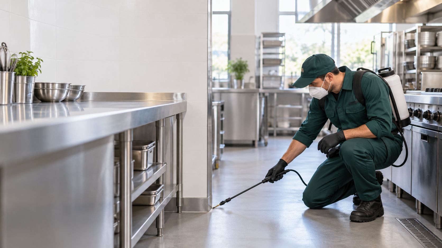 Tecnico che esegue un trattamento di disinfestazione in una cucina professionale