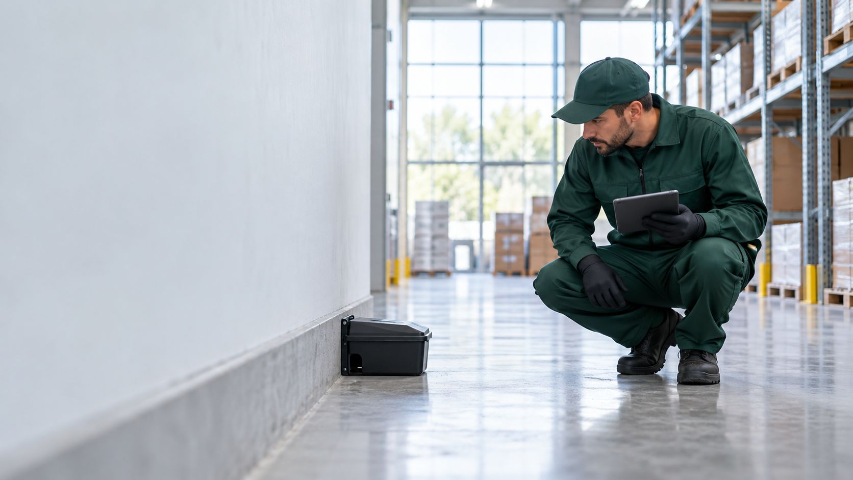 Tecnico che controlla una postazione di monitoraggio in un magazzino