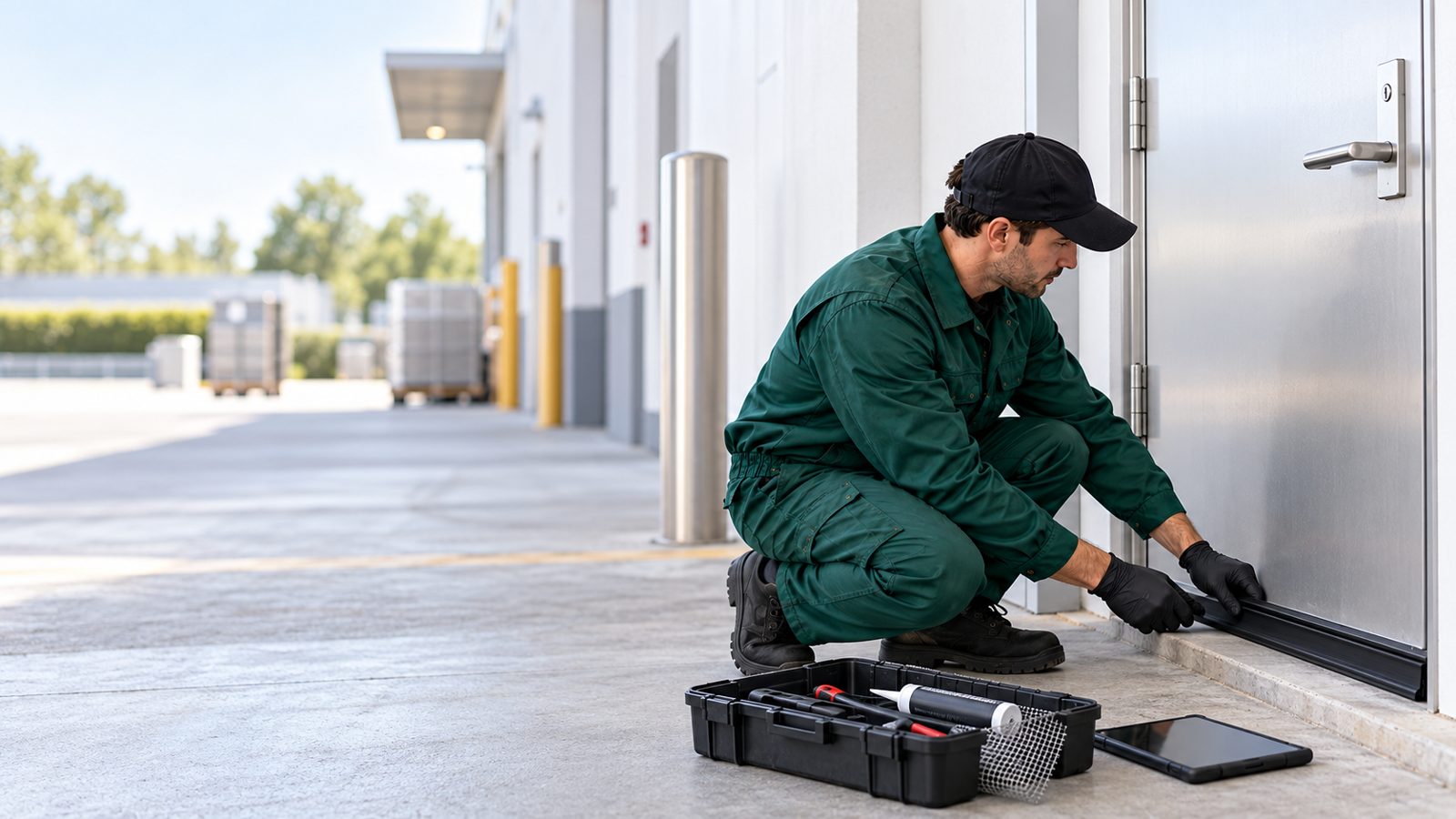 Tecnico che sigilla la base di una porta di servizio con una striscia antiroditore