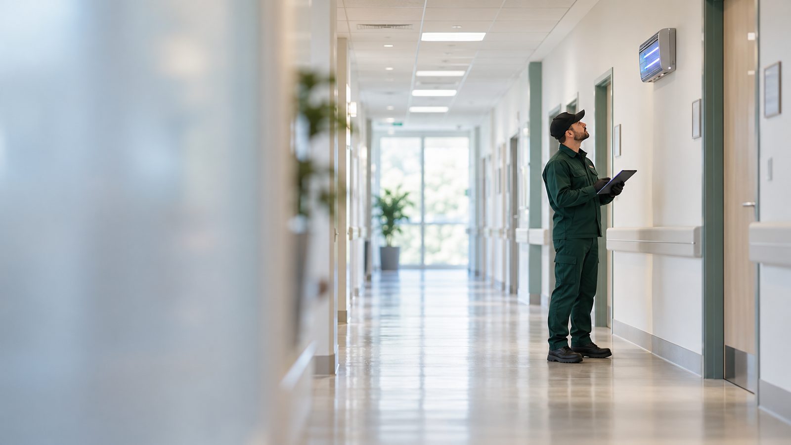 Tecnico che controlla una lampada per insetti volanti in un corridoio di una struttura sanitaria