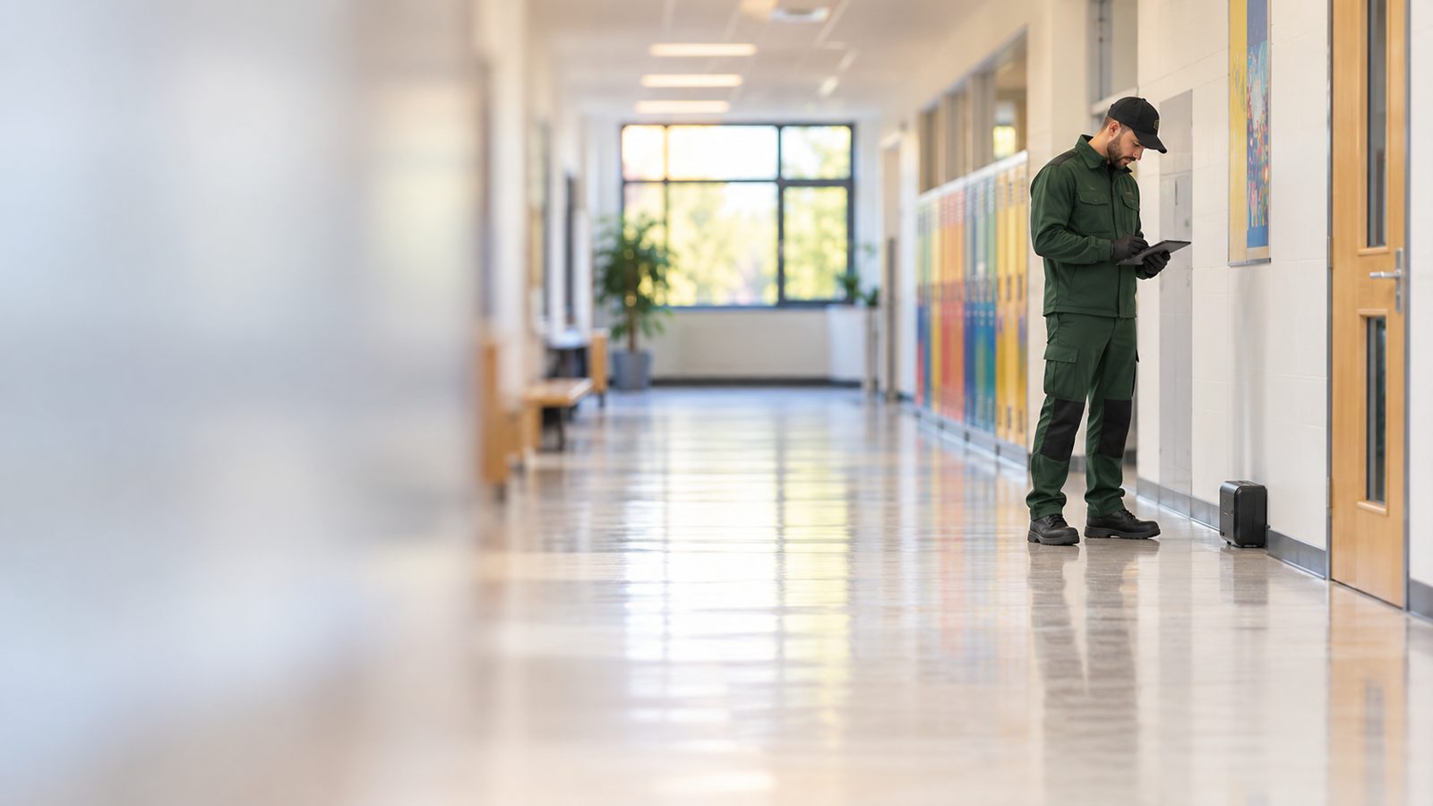 Tecnico che controlla una postazione di monitoraggio nel corridoio di una scuola vuota
