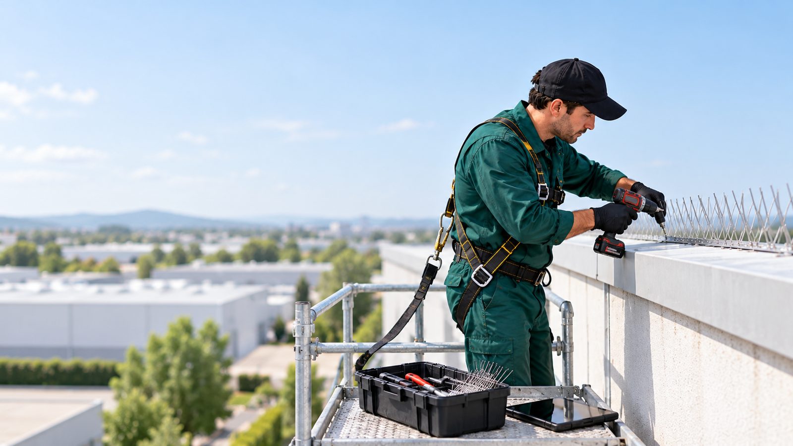 Tecnico che installa dissuasori per volatili su un cornicione