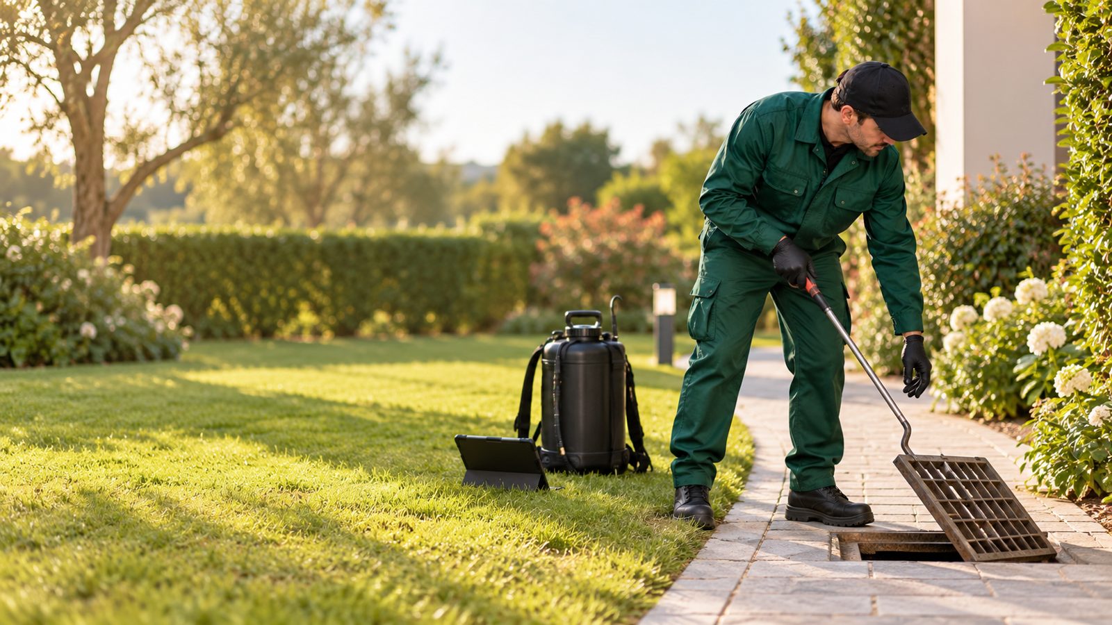 Tecnico che tratta una caditoia in un giardino per il controllo delle zanzare
